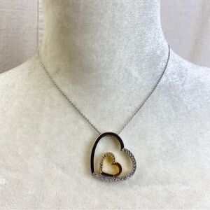 Two tone gold silver open double heart necklace with clear rhinestones